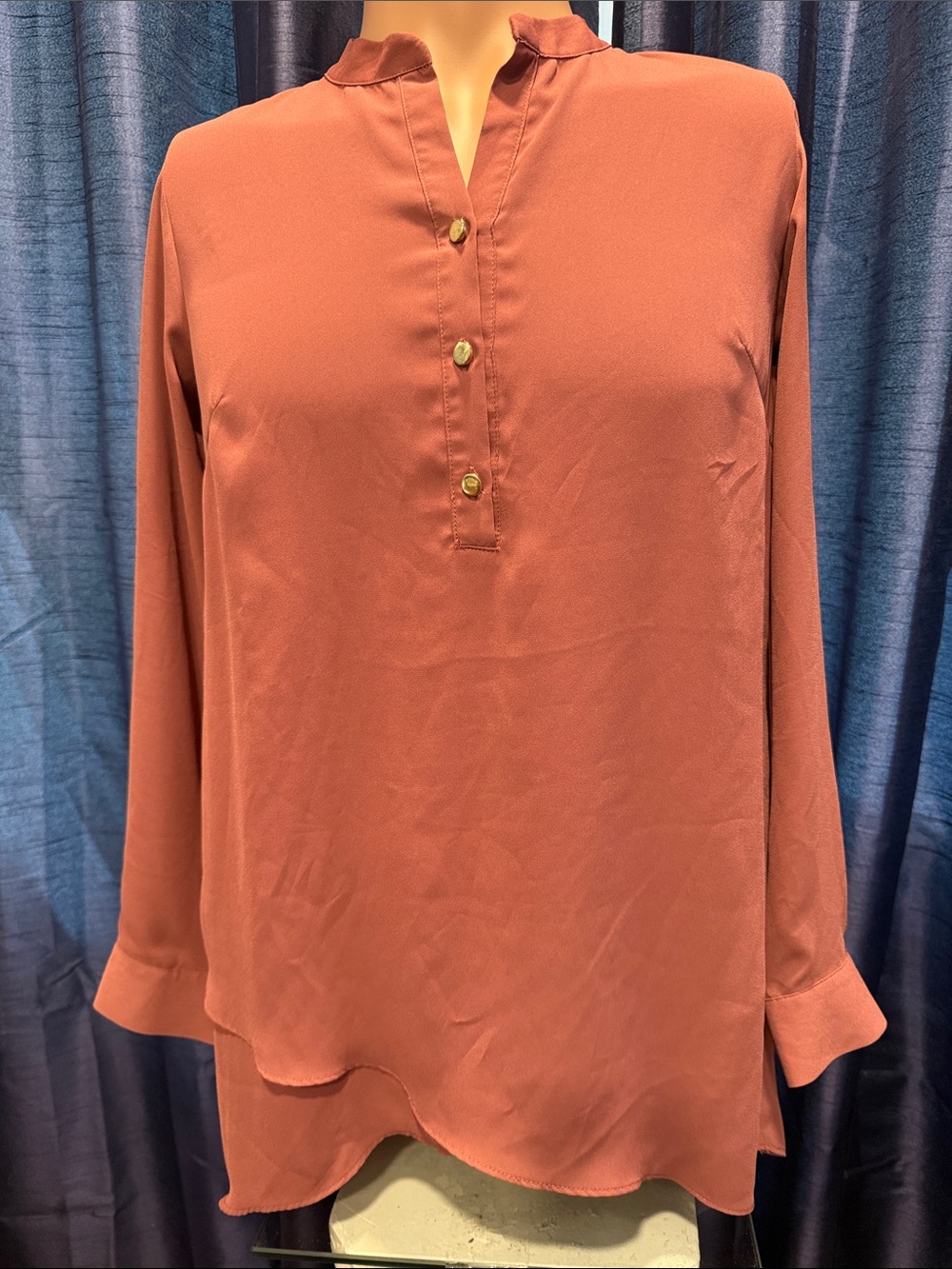 Joan Rivers Rust-Pink Long Sleeve Popover Blouse with Gold Buttons